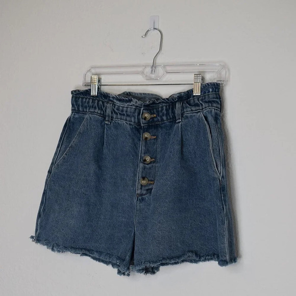 ZARA High Rise Denim Shorts Button Fly Sz 8 Elastic Waist 90s Western Grunge - Picture 3 of 16